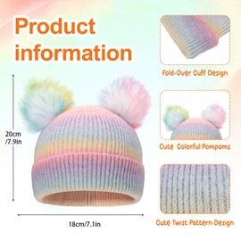 BUTITNOW Kids Girls Boys Multi-Color Ear Double Pom Pom Beanie Hat Winter Warm Rib Knitt Ski Hats (Age 7-15)
