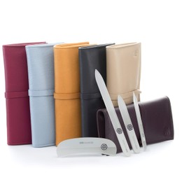 GERMANIKURE Gray Crystal Glass Nail File Set in Magenta Leather Case – Handmade in Czech Republic – Professional Manicure & Pedicure Supplies – Glass Cuticle Stick, Pusher, Moon File