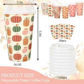 FYSUIMU 120 Sets Boho Fall Disposable Coffee Cups with Lids Pumpkin Leaves Mushroom Drinking Cup 6 Designs Paper Cup for Autumn Thanksgiving Party Supplies