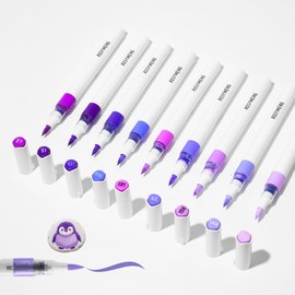 ROSYMENG 9 Colors Acrylic Paint Markers, Direct Liquid Acrylic Marker Pen with Automatic Ink Control System, Brush Tip for Rock Painting, Wood, Stone, Fabrics, DIY Craft (Purple Penguin)