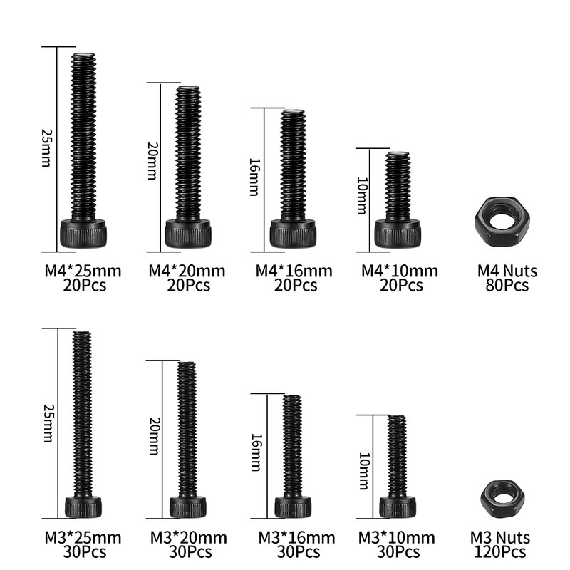 Pack of 400 M3/M4 Hexagon Socket Screw and Nut Kit,