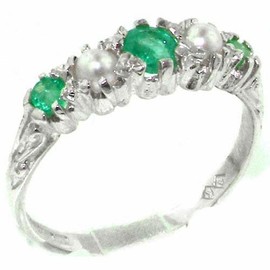 LetsBuyGold 925 Sterling Silver Natural Emerald and Cultured Pearl Womens Band Ring - Sizes 4 to 12 Available