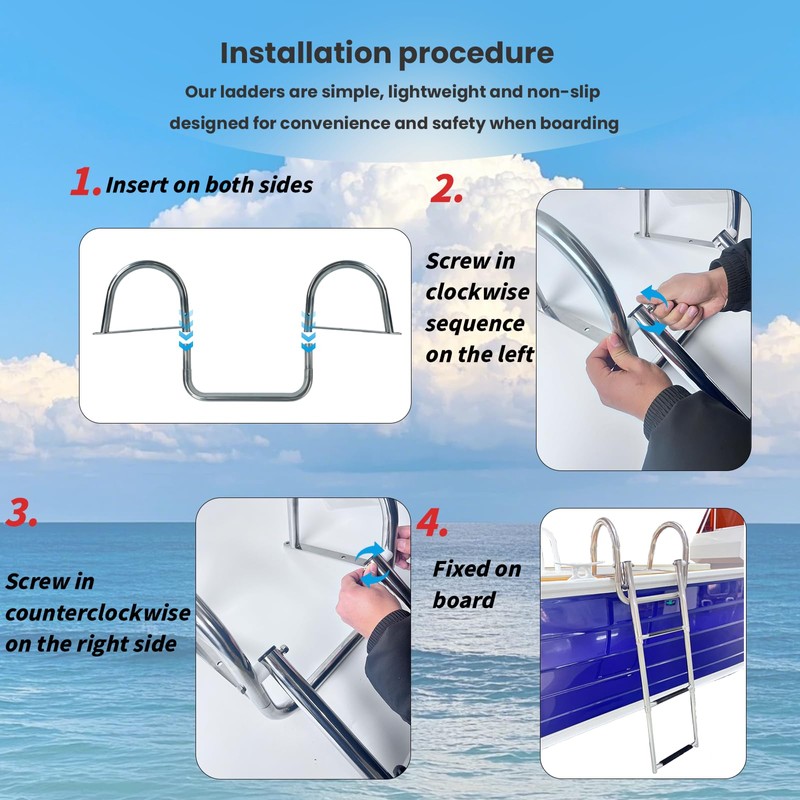 Pontoon Boat Ladder, Stainless Steel 3 Step Telescoping Boat Boarding