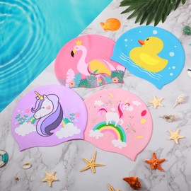 Flutesan 4 Pcs Kids Swim Cap Silicone Cute Swimming Hat for Girls Boys Waterproof Bathing Caps for Long and Short Hair with Unicorn Flamingo Duck Rainbow Pattern