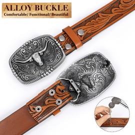BELTROAD Western Belts for Men Women Cowboy Cowgirl Belt with Western Buckle Men's Belt for Jeans Christmas Gift for Lover, Silver Bull-brown, for Waist 34"-36"