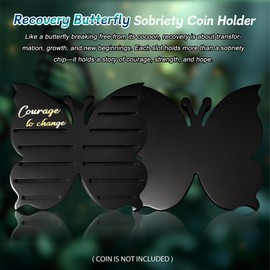Recovery Butterfly Sobriety Coin Holder - Courage to Change AA Coin Display Case - Black Solid Wood AA Chips and Medallions Rack Stand - 7 Row 20 Token Celebrate Milestone Alcoholics Anonymous Gifts