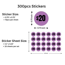 Mobiusea Creation 300pcs $20 Price Stickers | 20 Dollar Price Tags Labels | Bright Purple Color with Black Text | 1" in Diameter | Preprinted Price Labels | Garage Sale Stickers