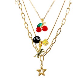 JWIGP 3pcs Cherry 8 Ball Necklace Set for Women, Gold Leopard Dice Star Charm Pendant Y2K Stackable Layered Necklaces Fashionable Classic Christmas Jewelry Gifts (3pcs set)