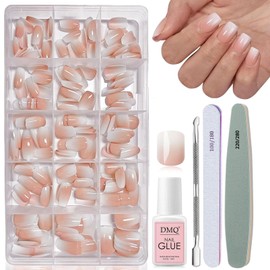 DMQ French Ombre Press on Nails Set, 240Pcs Square Nude Gradient False Nails, Nude White Gradient Soft Gel Fake Nail Tips - 15 Sizes Soak Off Stick on Nails with Glue for Women Girls Extensions DIY