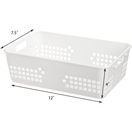 Jucoan 6 Pack White Plastic Storage Baskets, 12 X 7.5 X 4 Inch Large Plastic Storage Organizer Tray Bin with Handles for Classroom, Drawer, Closet, Bathroom Kitchen