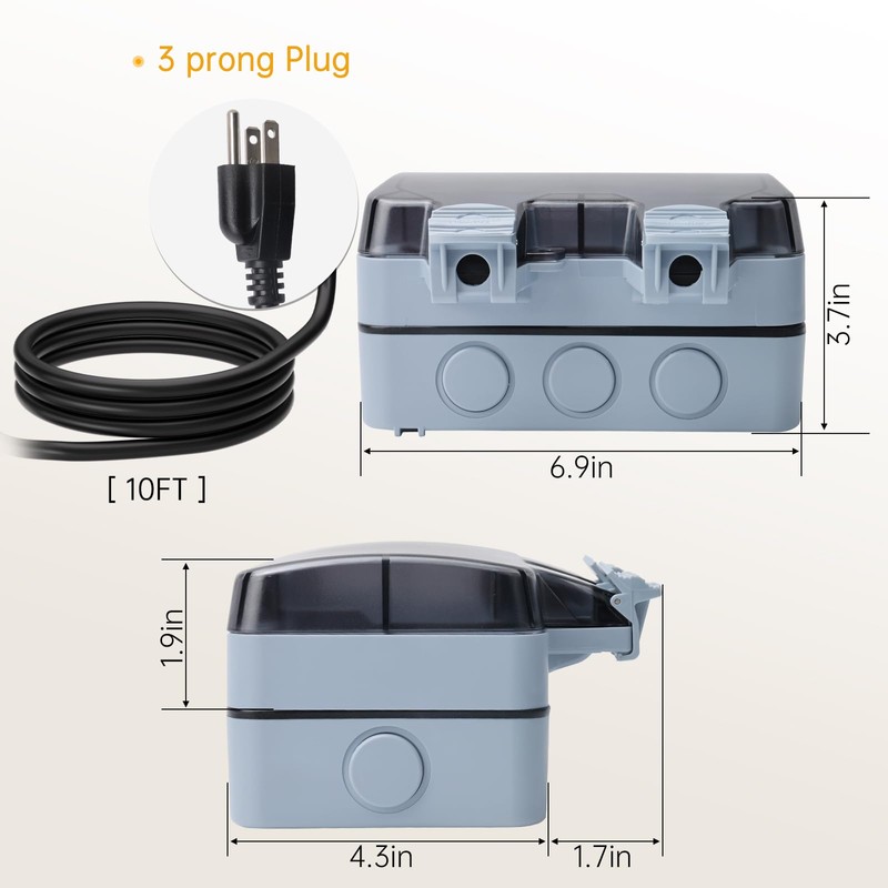 STARELO Outdoor Power Outlet with 10FT Extension Cord, IP66 Waterproof