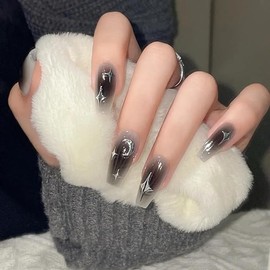 Star Press on Nails Medium Coffin Shaped Fake Nails Black Gradient Glue on Nails with Silver Grey Black Moon Design False Nails Ballerina Cute Stick on Nails Glossy Acrylic Nails for Women Girls 24pcs