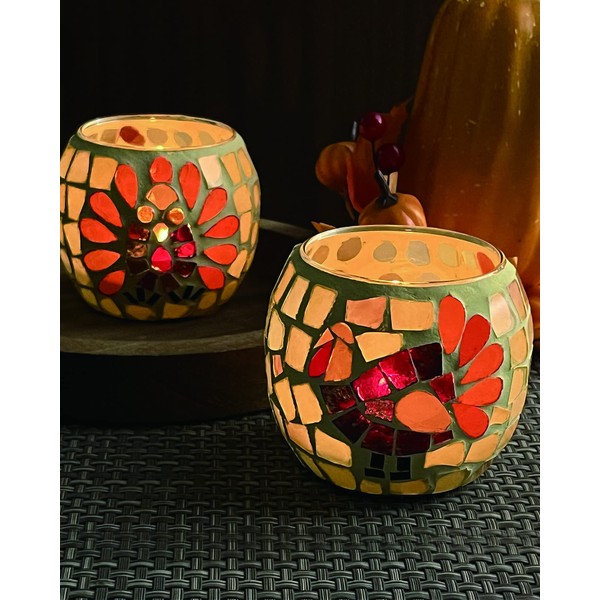 SHMILMH Thanksgiving Votive Candle Holder Set of 4, Mosaic Glass Tealight Holders with Turkey for Fall Table Centerpiece Fireplace Party Decorations