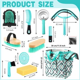 Abbylike 12 Piece Horse Grooming Kit with Organizer Tote Bag Brush Sets for Derby Day Show Horses Professional Tools for Care & Massage(Mint Green and Grey)