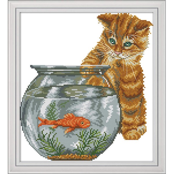 Cross Stitch Kits, Cat and Fish Animals,Fish Tank Awesocrafts Easy