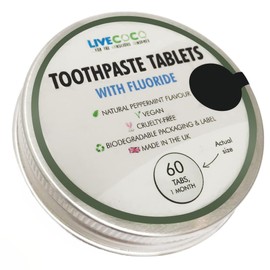 LiveCoco Toothpaste Tablets with Fluoride, Teeth Whitening Tabs for Clean Teeth and Fresh Breath, Vegan and Travel Friendly, Peppermint Flavour, 60 Tabs