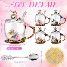 Nuanchu Nuanchu 4 Sets Flower Glass Tea Cups with Lids and Spoon Butterfly Vintage Glass Coffee Mugs Floral Fancy Clear Teacup for Mother's Day Women Mom Wife Girlfriend(Pink, Purple, Blue, Red,11 Oz,12 oz)