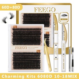 FEEGO 60D+80D Fluffy Look D Curl DIY Lashes Extension Kit Lash Clusters Wispy 10-18mm with Waterproof Bond Seal and Tweezers Eyelash Makeup Cosmetic - Specification: Charming Kits 6080D