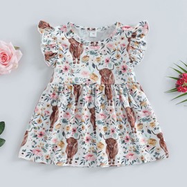 Toddler Baby Girl Western Dress Cow Print Ruffle Sleeve Dress Highland A-line One Piece Dresses Cowgirl Summer Outfit (White, 12-18 Months)