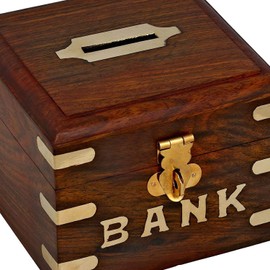 Wooden Money Bank Box Piggy Bank | Children & Adults Gifts Ideas | Money Saving Coin Bank Box | Brass Inlaid Corners | First Birthday Gifts Ideas 5 X 5 Inch