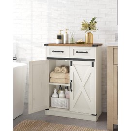 Hzuaneri Bathroom Storage Cabinet, Freestanding Bathroom Floor Cabinet with Drawers & Doors, Farmhouse Buffet Cabinets with Adjustable Shelf, for Kitchen, Living Room, Entryway, White Brown SC62414X