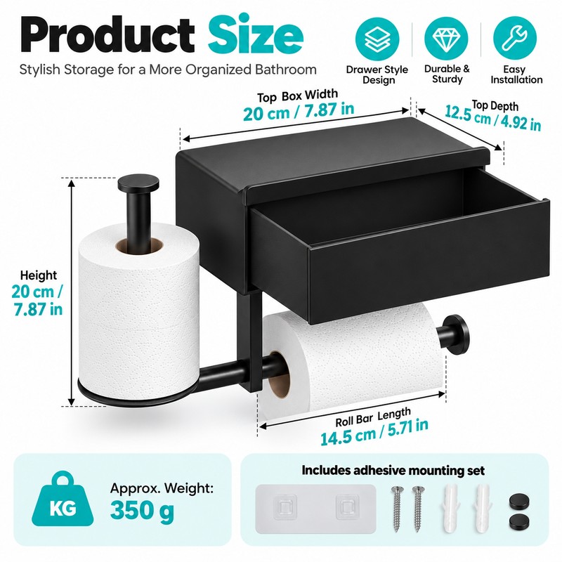 Wall-Mounted Toilet Paper Holder with Drawer – No-Drill Bathroom Tissue