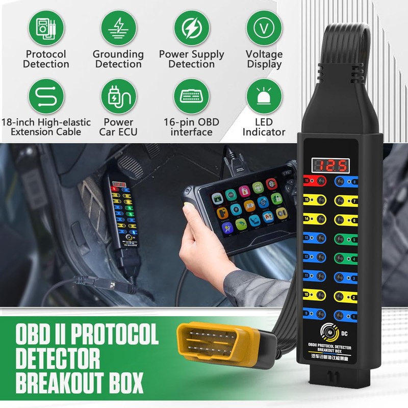 OBD2 Breakout Box Automotive Advanced OBDII Protocol Detector with LCD