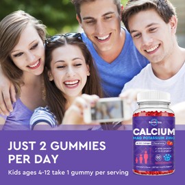 Calcium Potassium Magnesium Gummies for Kids & Adults, with Hydrolyzed Collagen, Zinc, Phosphorus, Multivitamin for Sleep, Bone Strength, Density Support, Sugar Free, Strawberry Flavor 60 Gummies