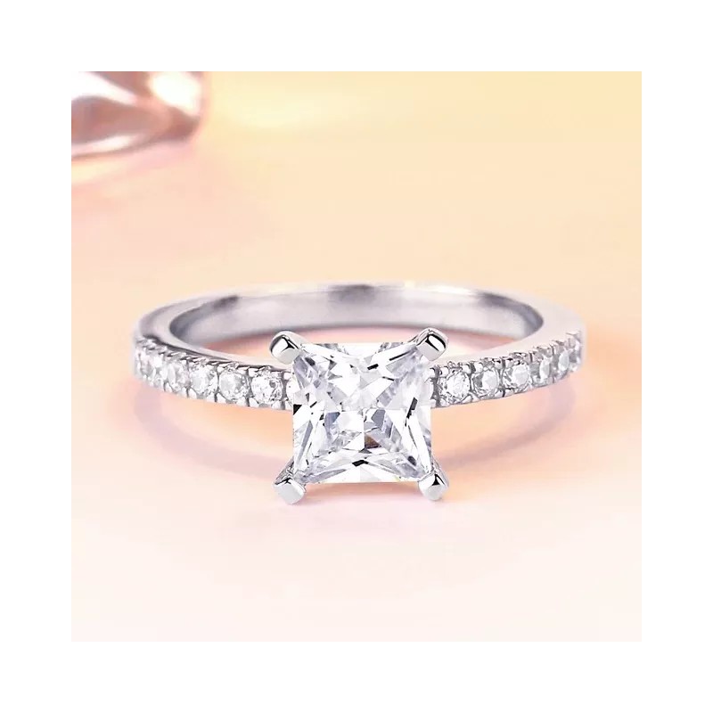 Dtup Anillo D/compromiso Elegante Diamante Cuadrado Plata Alemana