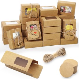 Zhanmai 100 Set Soap Boxes for Homemade Soap 3.35 x 2.36 x 1.2 inch with100 Round Tags and Twines Small Soap Packaging Boxes with Clear Window Mini Gift Box for Candy Cookies Packaging(Brown)