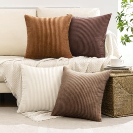 MIULEE Pack of 4 Brown Corduroy Decorative Throw Pillow Covers 18x18 Inch Soft Boho Striped Pillow Covers Modern Farmhouse Home Decor for Sofa Living Room Couch Bed