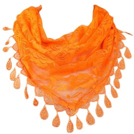 JK Home Floral Lace Triangle Shawls Wraps with Tassels, Triangle Veil Lace Head Covering Chapel Scarf Bridal Veils Tulle Rose Church Veil Bikini Cover Up for Party Birthday Wedding Masquerade Orange