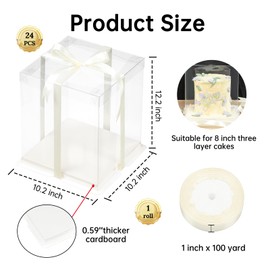 24 Pcs Clear Gift Box with Ribbon 3-Layer 10x10x12 Inch, Transparent Cake Carrier Box with Lids, PET Tall Cake Packaging Boxes, Clear Gift Boxes for Birthday,Wedding and Festival Party