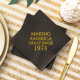 Crisky 50th Birthday Napkins Black and Gold Dessert Beverage Cocktail Luncheon Napkins 50th Birthday Decoration Party Supplies, Making America Great Since 1969, 50 Pack 4.9"x4.9" Folded