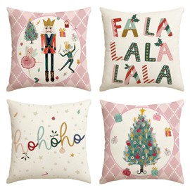 AVOIN colorlife Merry Christmas Nutcracker Pink Throw Pillow Covers, 16 x 16 Inch Winter Holiday Party Cushion Case Decoration for Sofa Couch Set of 4