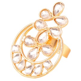 Touchstone Indian Bollywood Hand Created Royal Rajwada Inspired Rich Kundan Look Chaandbaali Adjustable Size Designer Wedding Jewelry Finger Ring In Gold Tone For Women.