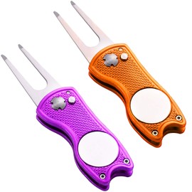 KABUDA 2 Pack Metal Foldable Golf Divot Tool with Pop-up Button & Magnetic Ball Marker (Pack of 2, Fish Design)