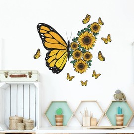 Piduckg Butterfly Wall Stickers Large Butterfly Decal，Butterflies Sunflowers Wall Decor Yellow Wall Decal Murals Peel and Stick Wall Art Decal for Nursery Bedroom Living Room Classroom