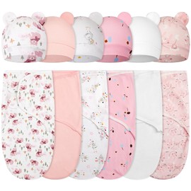 ramede 6 Pack Baby Swaddle Blanket with Hats Set for 0-3 Months Preemie Newborn Sacks Soft Cotton Wearable for Baby Boy and Girl (Pink,Animal)