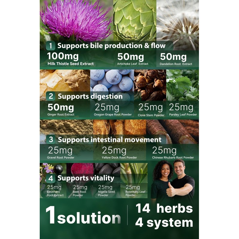 Milk Thistle Liver Support Supplement, 14-in-1 Herbal Formula, 60 Tablets