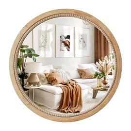 sawsile Round Wood Mirror,18 inch Circle Rustic Farmhouse Natural Wooden Frame Boho Beads Wall Mirror for Bathroom,Living Room,Bedroom or Entryway