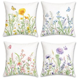 Bonhause Set of 4 Cushion Covers Spring Flowers 45 x 45 cm Colourful Garden Flower Butterflies Decorative Cushion Covers for Sofa Bedroom Home Garden Decoration