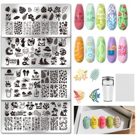 UNICRAFTALE 4 Stück Nagelstempelplatten Set Sommerstrand Hawaii Nagelkunst Stempelvorlagen Edelstahl Nagelschablonen Set Mit Stempel Und Abstandshalter Für Hause Salon Maniküre Design Zubehör