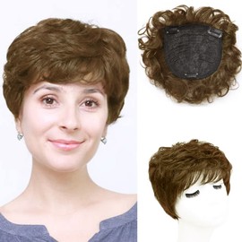 AiUree Natural Curly Hair Topper Replacement Hair Piece 13x13cm Short Human Hair Topper Clip in Wavy Hair Topper for Women Covering Loss Hair Light Brown Color (Hair Tail Extended)