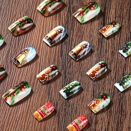 Christmas Press on Nails Medium Square Fake Nails Xmas Tree Small Bell Gingerbread Man Designs Winter Snowflake Flowers False Nails Full Cover Glitter Christmas Glossy Acrylic Nails for Women 24 Pcs