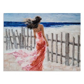 NdcSkyArt Beach Canvas Wall Art - Beautiful Lady, Fence, Coastal Pictures - Hand Painted Seaview Artwork for Living Room, Bedroom, and Bathroom