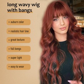MINLEE Auburn Wig with Bangs for Women 26 Inch Long Wavy Synthetic Wigs for Daily Party Use