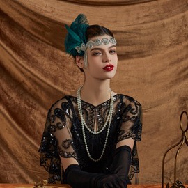 Flapper Headband for Women Vintage 1920s Pearls Feather Lace Headpiece for Roaring Gatsby Party Masquerade（Green）