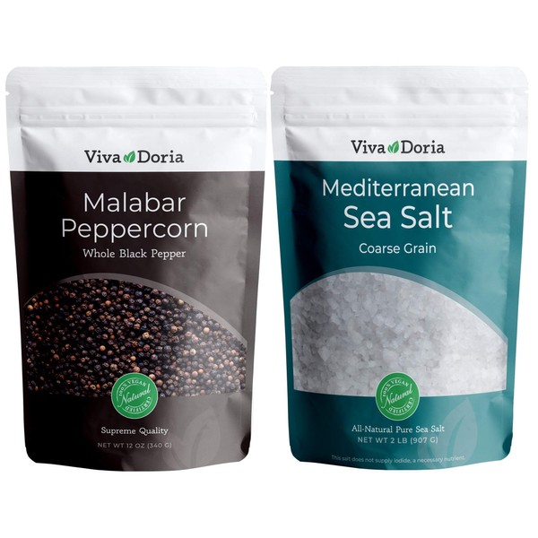 Viva Doria Malabar Peppercorn - Steam Sterilized Whole Black Pepper, 12 Oz Black Peppercorns and Viva Doria Mediterranean Sea Salt, Coarse Grain, 2 lb for grinder refills