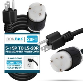 IronBox Electric 5-15P to L5-20R Plug Adapter Power Cord - 15A, 125V, 14 AWG SOOW - UL Listed Power Cord Extension Cable - Heavy Duty Plug & Connector for Generator, Data Centers & More (20ft, Build)